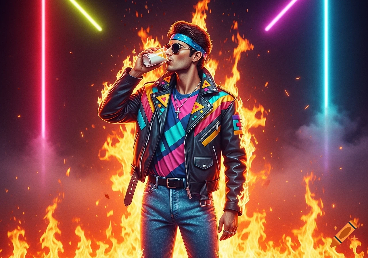 Man in 80s retro leather jacket and sunglasses drinks milk, surrounded by fire and colorful neon lights.