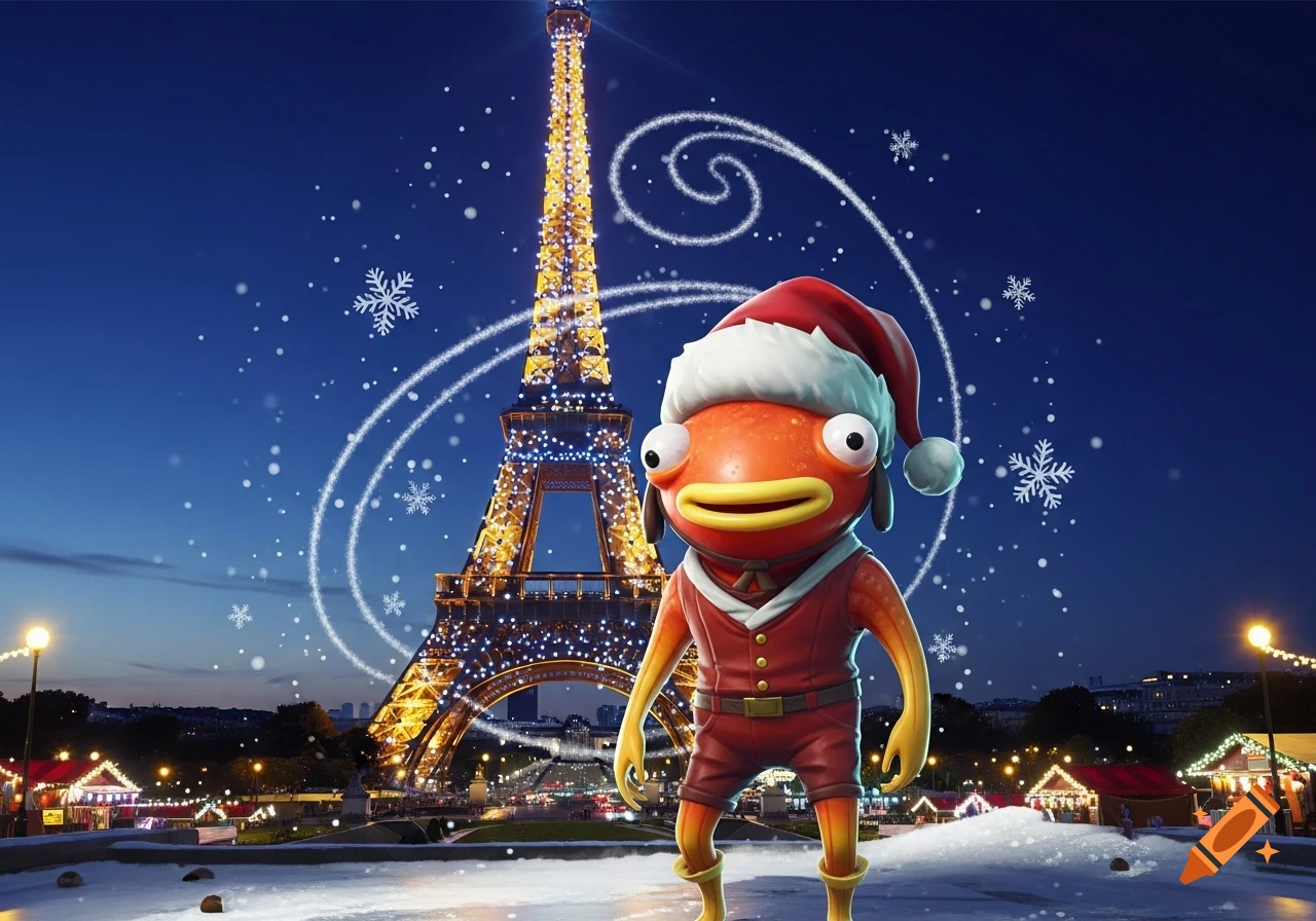 Fishstick from Fortnite in a Santa hat stands in front of the illuminated Eiffel Tower with falling snow at night.
