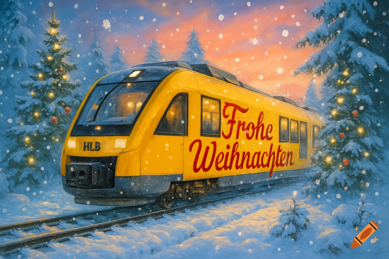 A yellow train with "Frohe Weihnachten" on its side travels through a snowy forest with decorated Christmas trees as snow falls.
