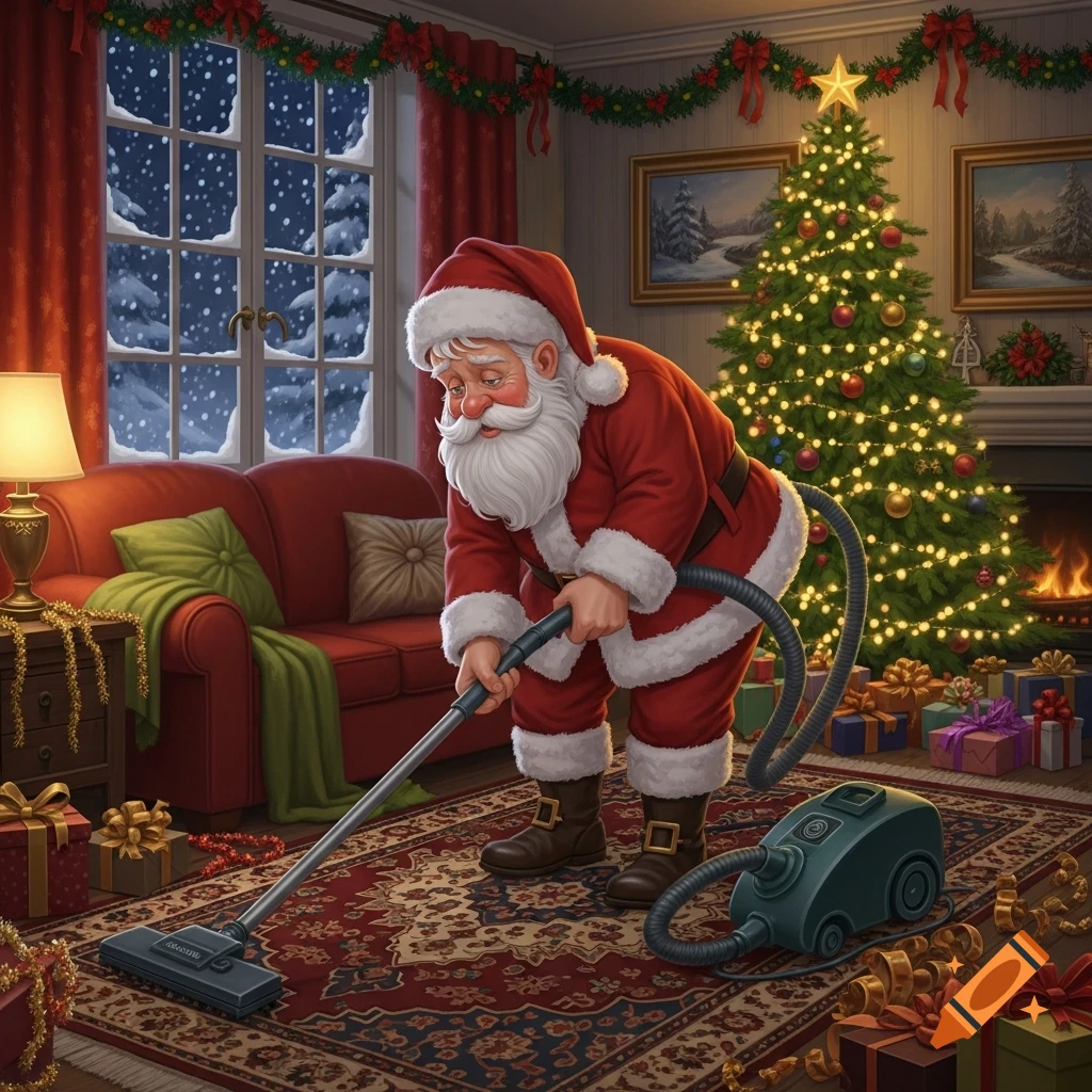 Tired Santa Claus vacuuming a patterned rug in a cozy living room, surrounded by Christmas decorations and presents, with snow falling outside a large window.