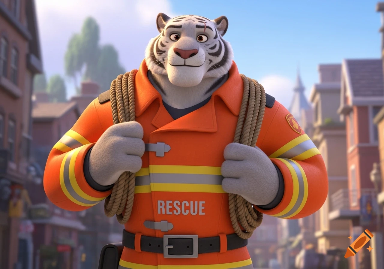 A 3D animated white tiger in an orange firefighter uniform carrying ropes on his shoulders, standing in a cartoon city street.