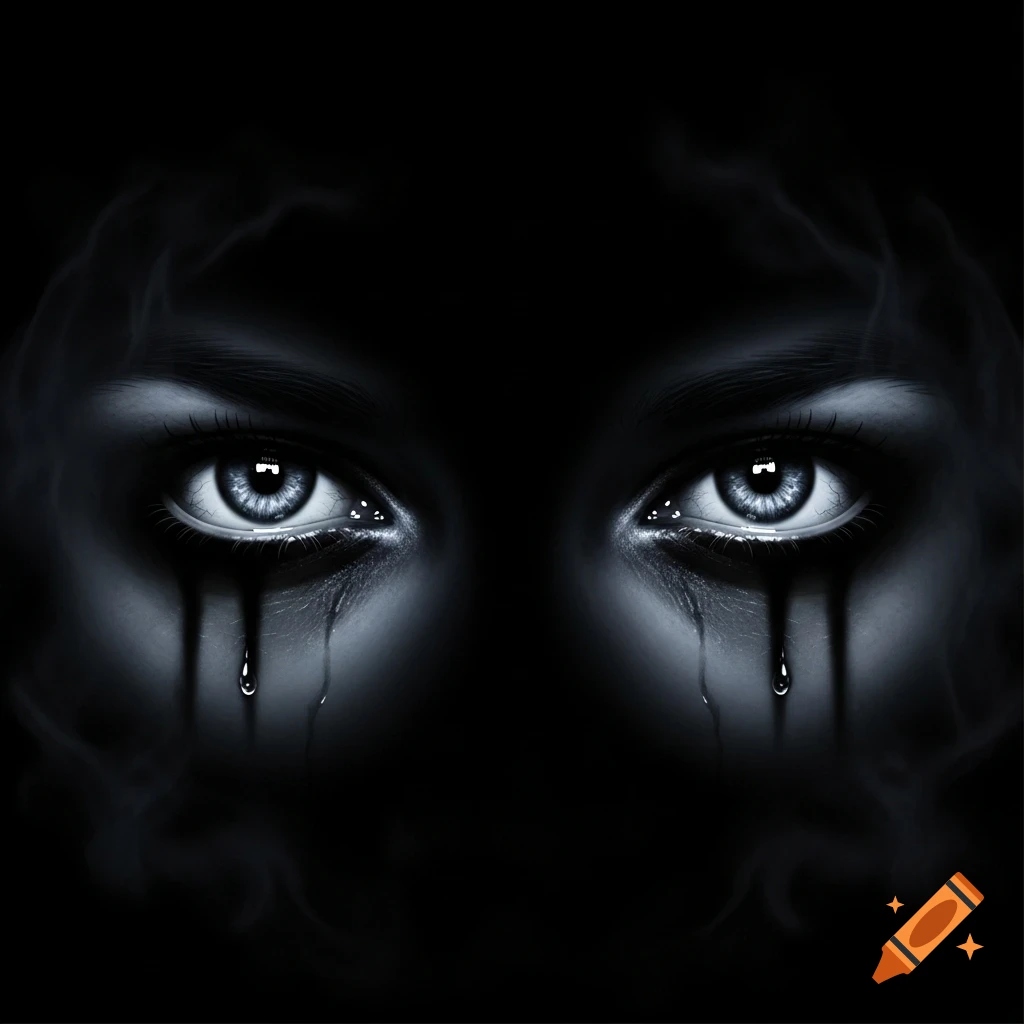 Close-up of two wide, sinister eyes with dark tears streaming down, set against a dark, smoky background.