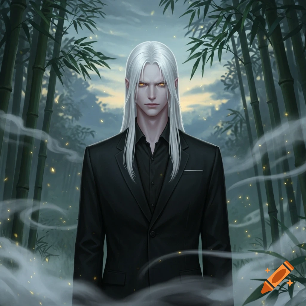 An albino man with long white hair and golden eyes wearing a black suit, standing in a misty bamboo forest. Manhwa art style.