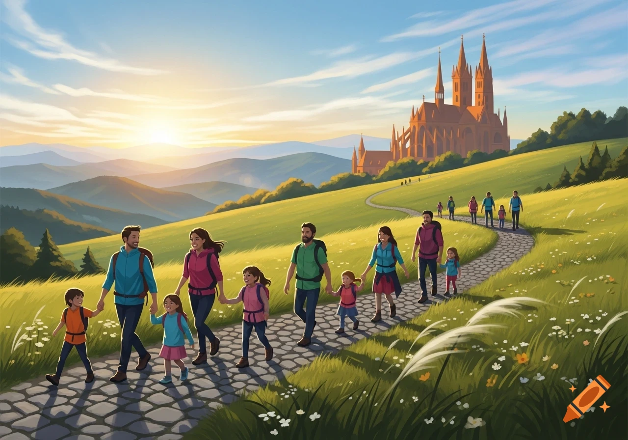Stylized illustration of families hiking on a winding path towards a grand castle at sunset in a vibrant green landscape.