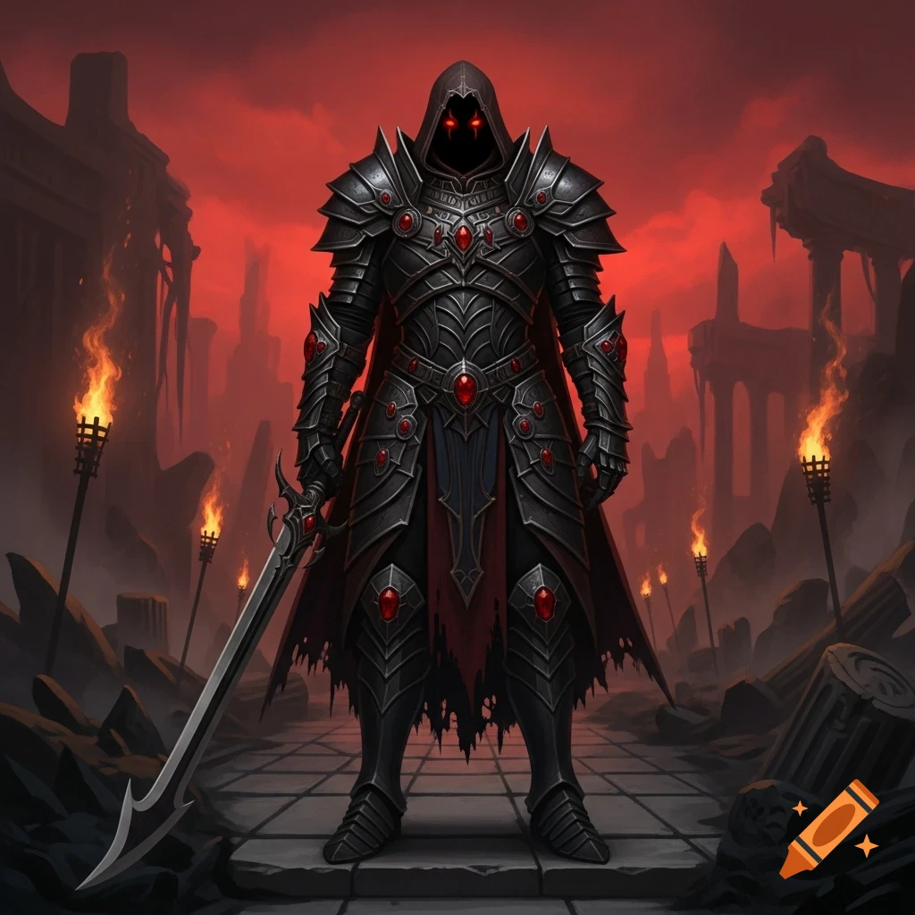 A dark knight in elaborate black armor with red gems, glowing red eyes, and a sword stands in a ruined, red-sky landscape with torches.