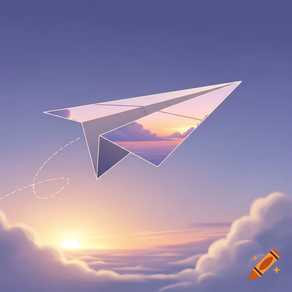 A stylized paper airplane with a sunset sky reflection flies over clouds against a vibrant purple and orange sky.