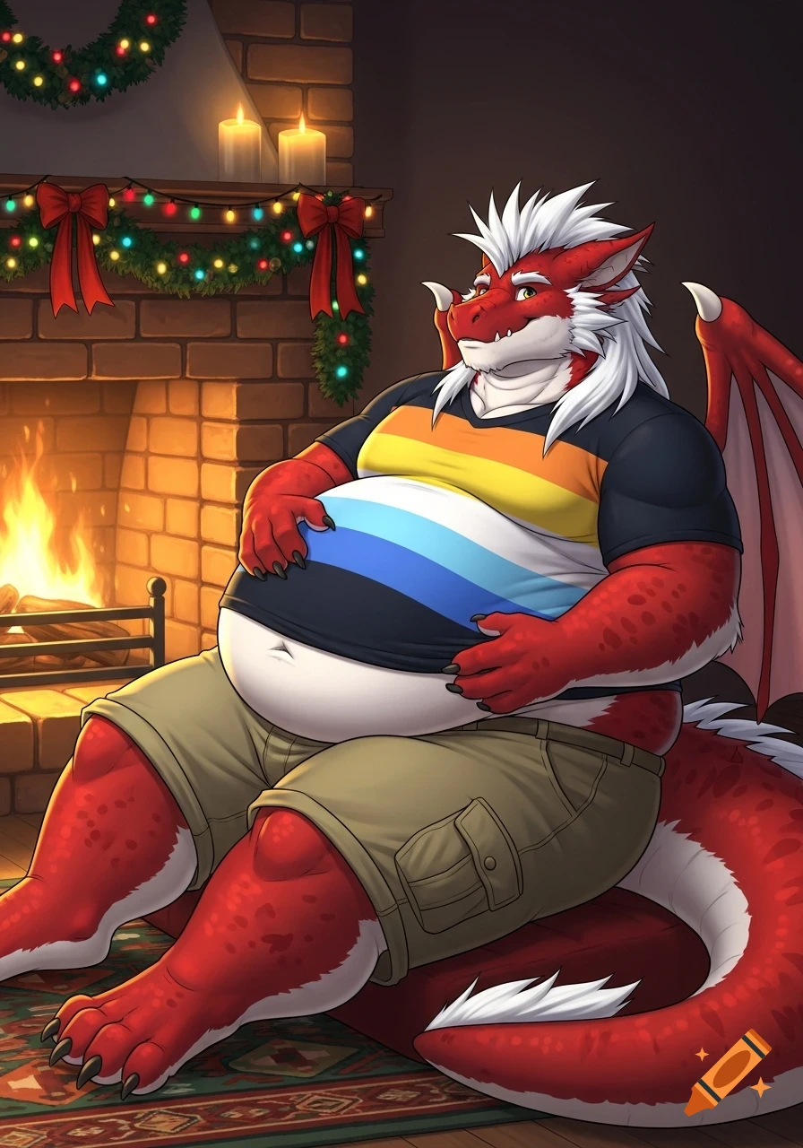 An obese red anthropomorphic dragon with a white mohawk sits by a Christmas-decorated fireplace, wearing khaki shorts and a striped t-shirt.
