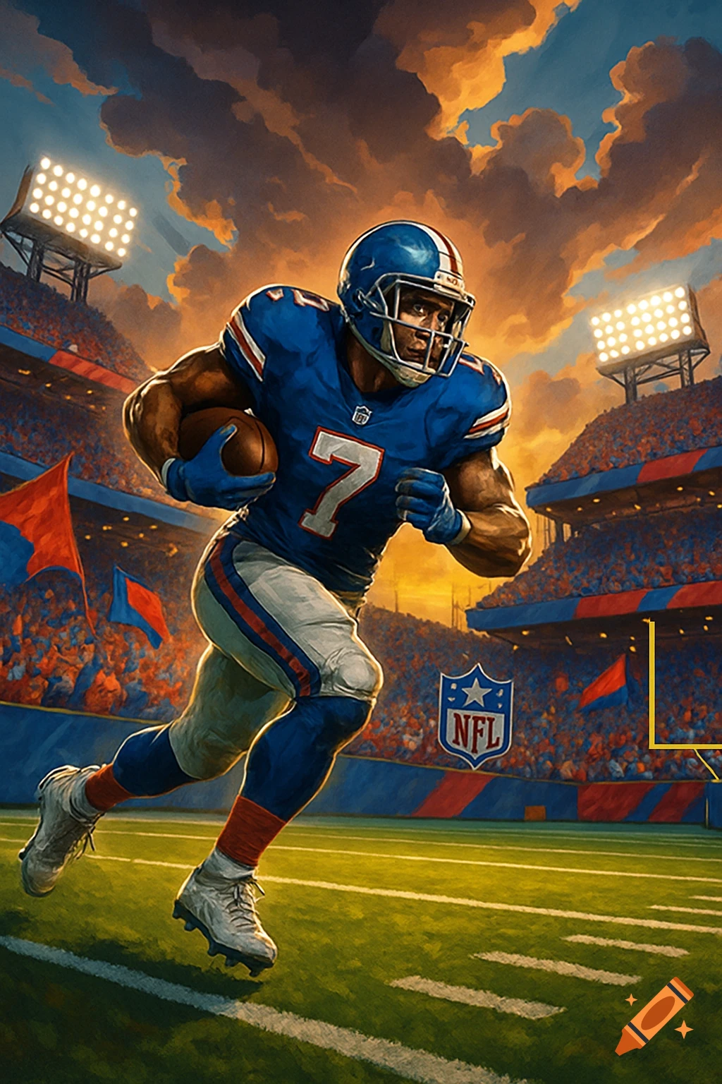 A dynamic painterly illustration of an American football player in a blue jersey with number 7, running with the ball in a stadium under a dramatic sunset sky. The NFL logo is visible.