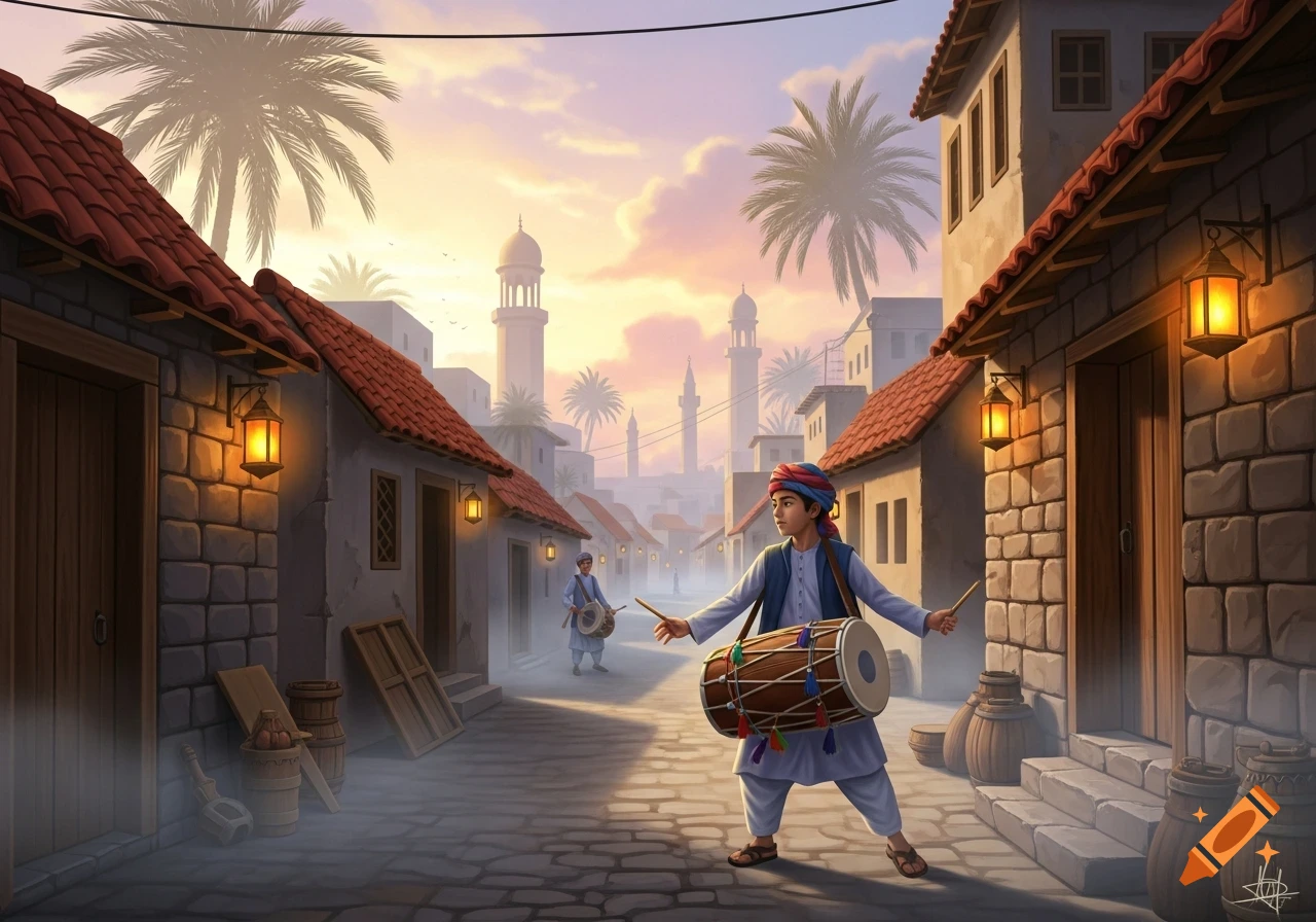 A boy in traditional attire plays a drum on a cobbled street at sunrise in a village with palm trees and minarets.