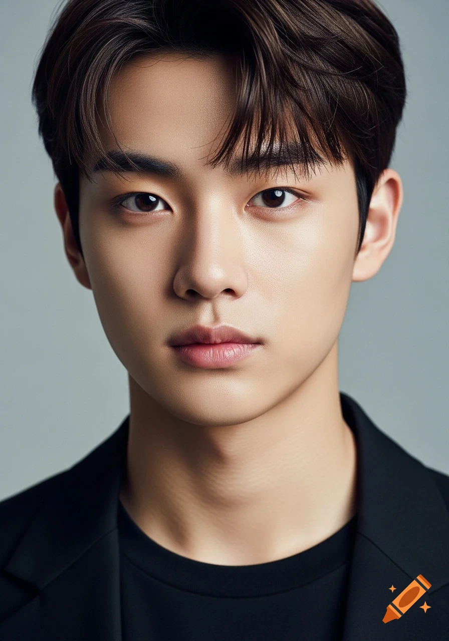 Ultra-realistic close-up portrait of a young Korean man with dark hair in a black t-shirt and blazer against a grey background.