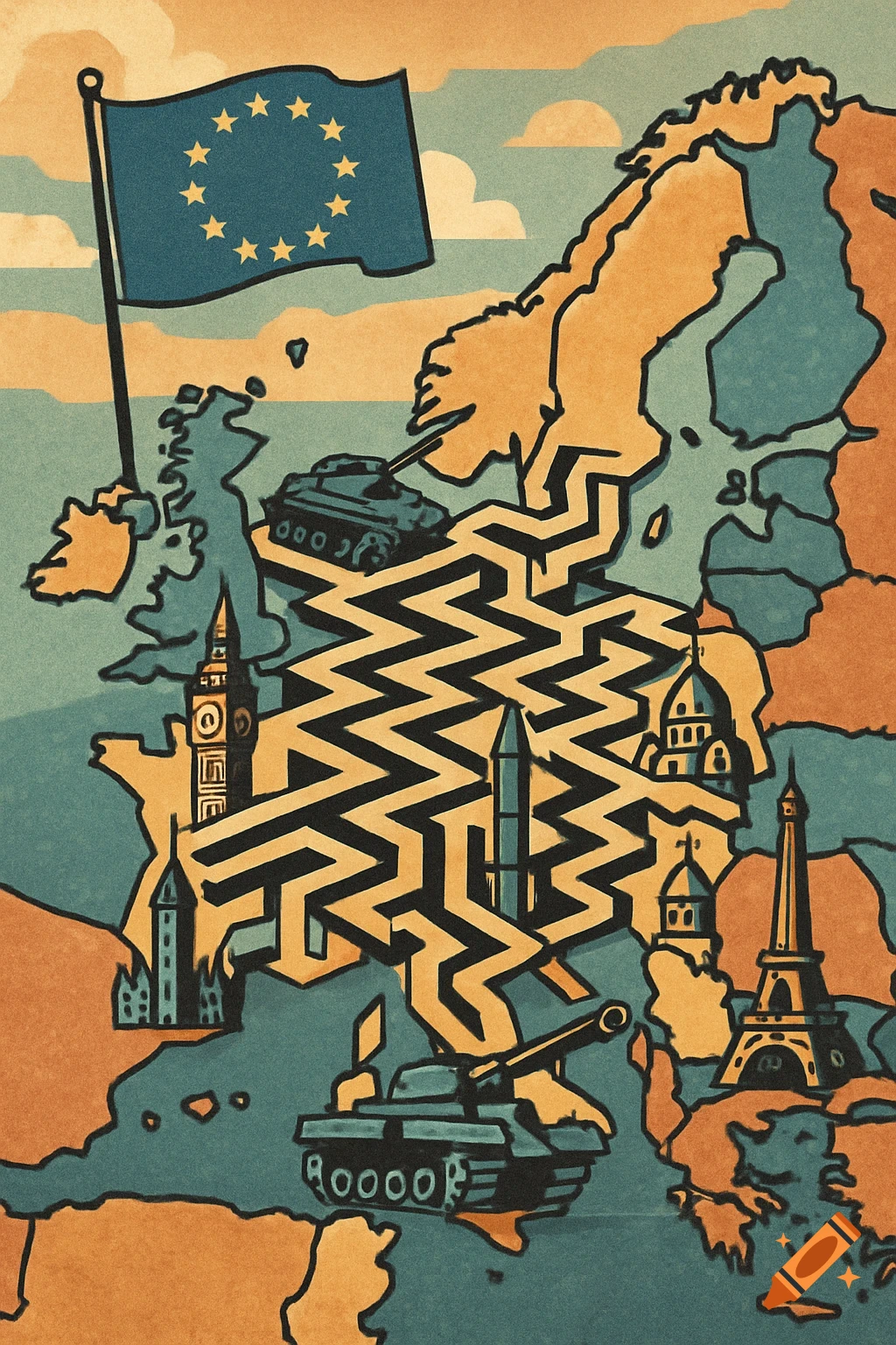 A retro-style illustration of a map of Europe with a zig-zag maze pattern, EU flag, tanks, and landmarks like Big Ben and Eiffel Tower.