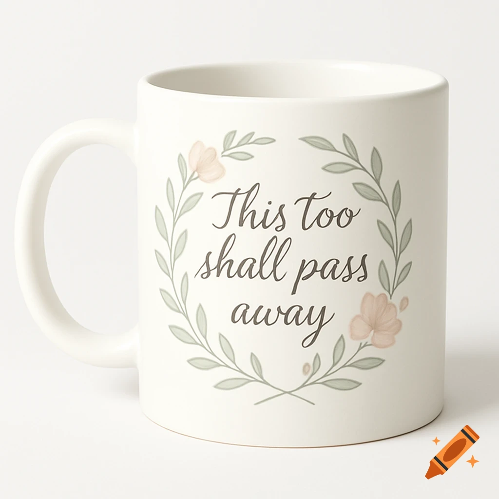 A white coffee mug featuring the quote "This too shall pass away" in a script font, encircled by a wreath of green leaves and delicate pink flowers.