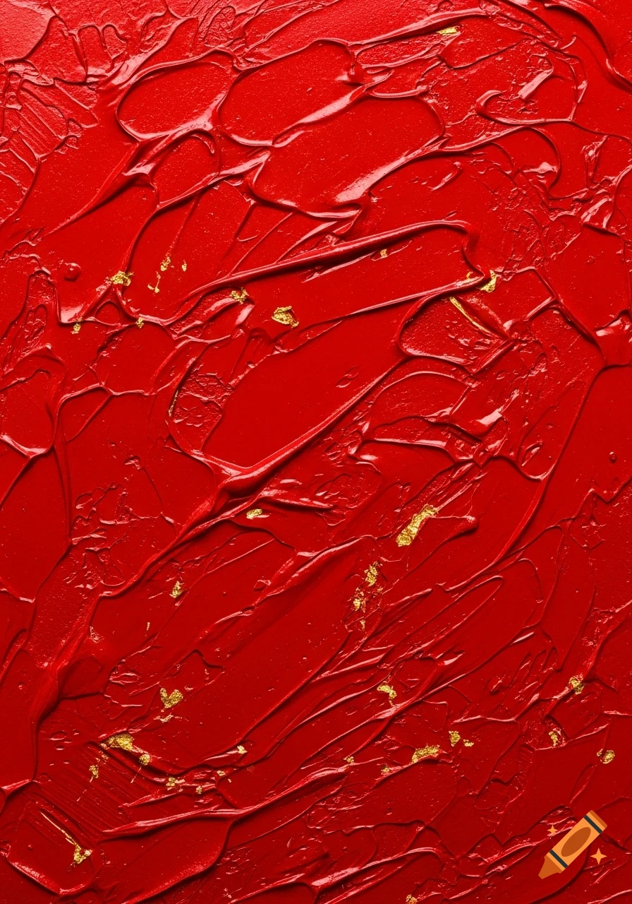 Close-up of vibrant red textured paint with scattered gold leaf details.