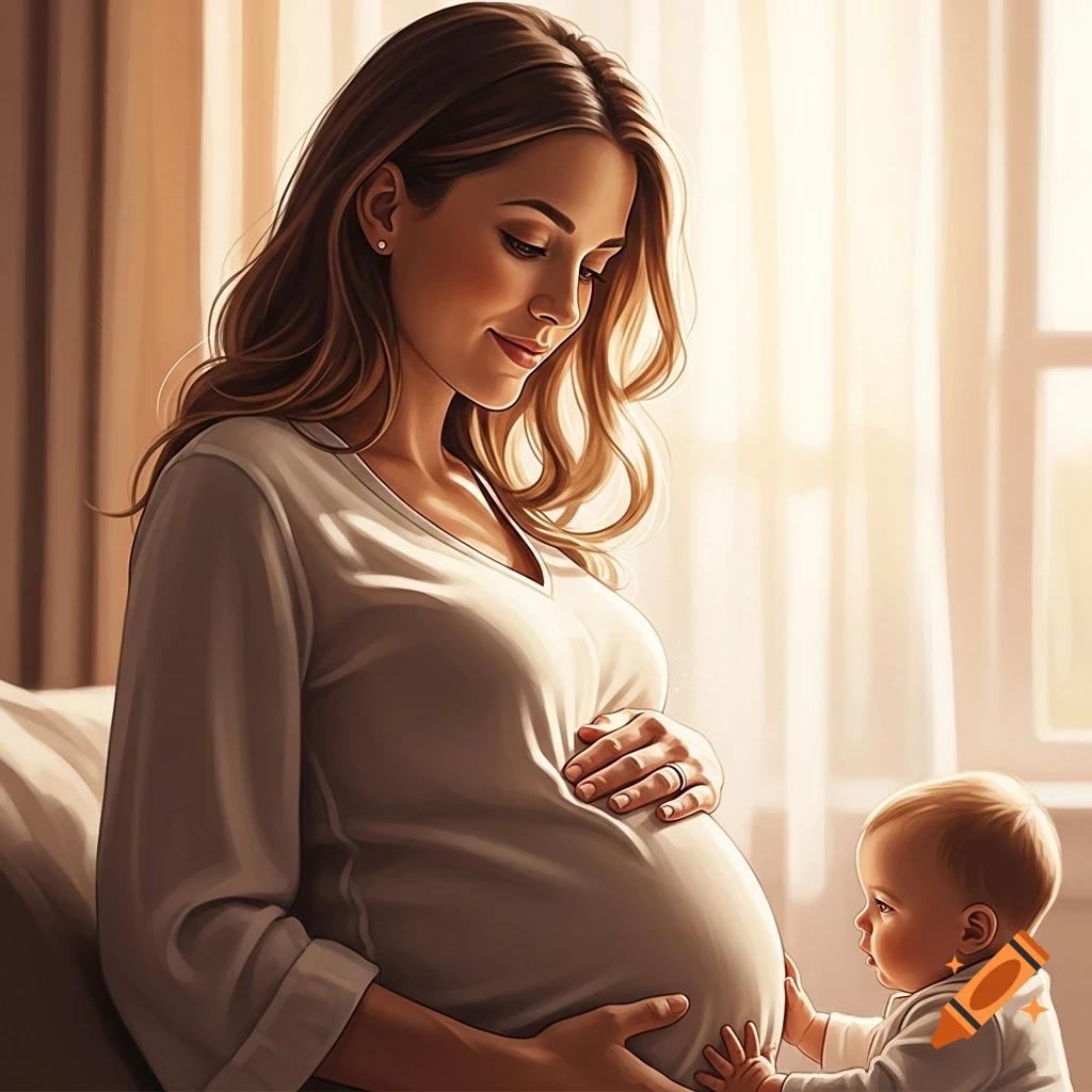 A pregnant woman in a white top smiles down at her belly as a baby reaches out to touch it, in a warm, sunlit room.