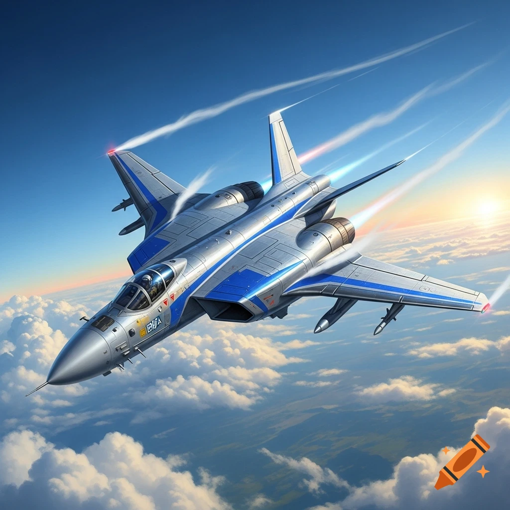 A sleek silver and blue fighter jet soars through a sunny sky above clouds, leaving contrails.