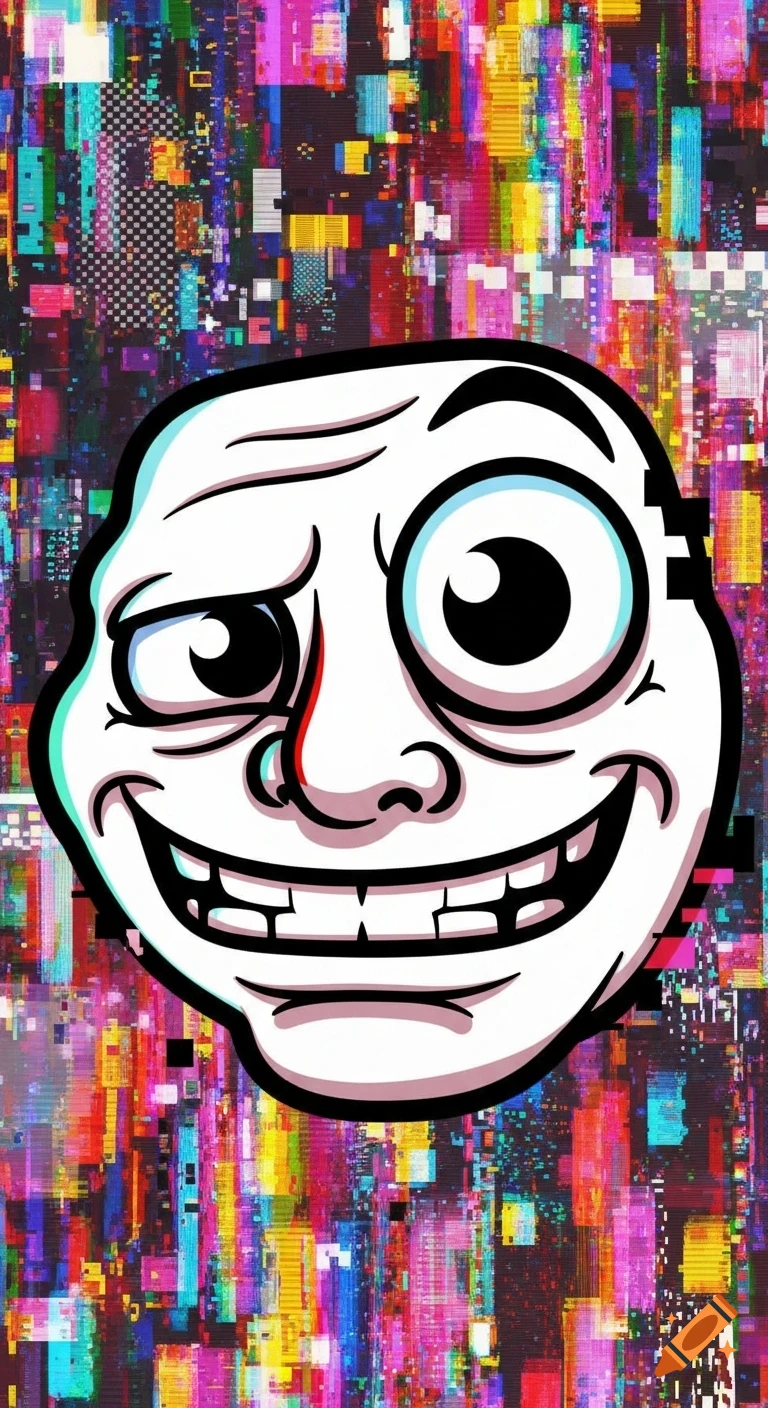 A cartoon meme face with a weird smile and mismatched eyes set against a vibrant, colorful glitch background.