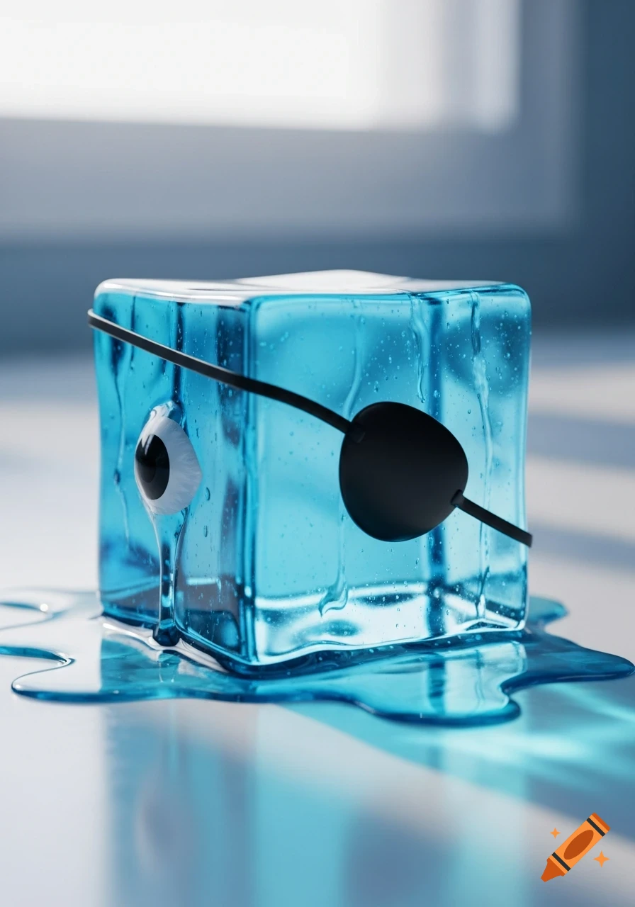 A photorealistic image of a cyan ice cube with a googly eye and a black pirate eyepatch, melting on a reflective surface.