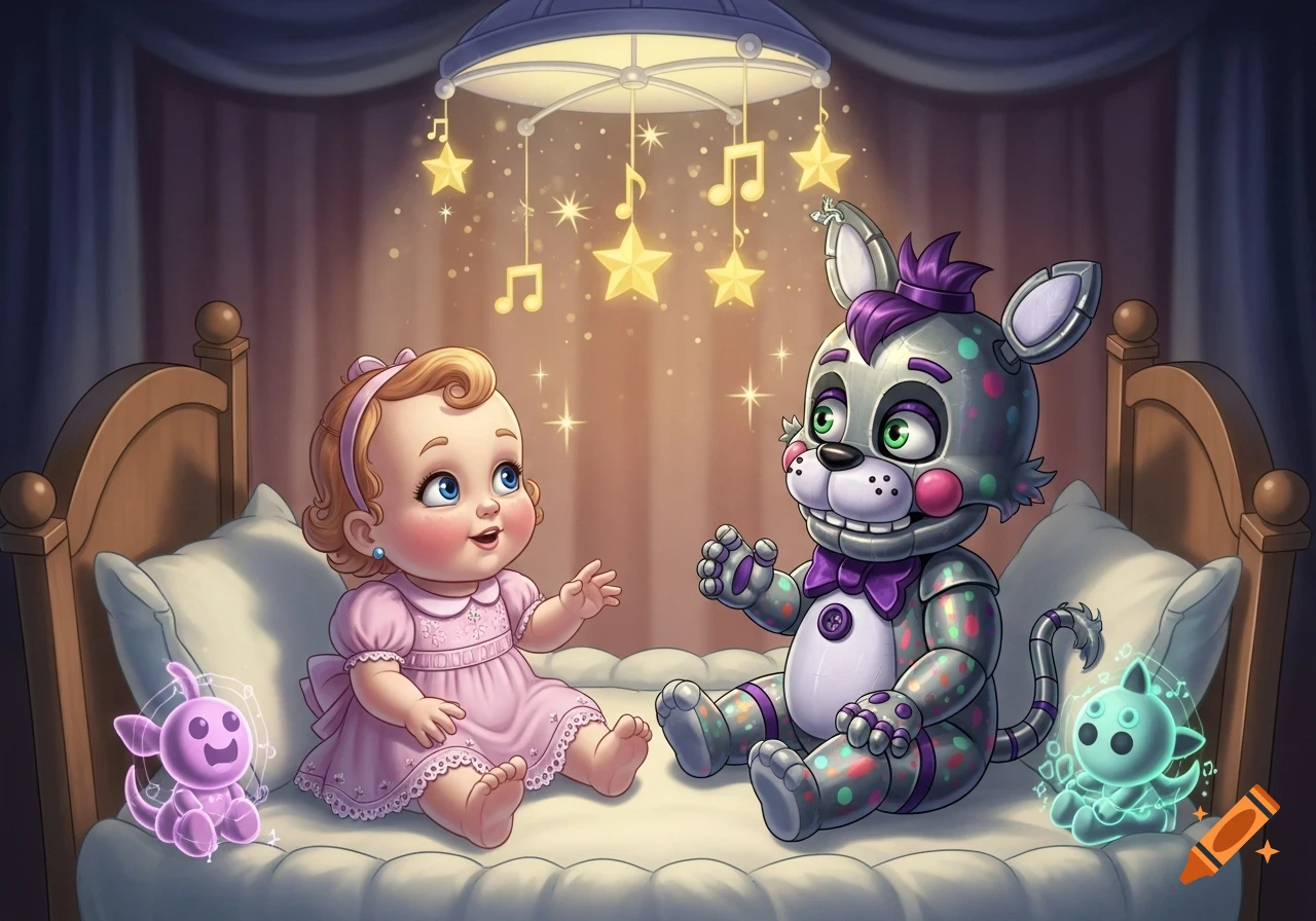 A baby in a pink dress and a gray and purple animatronic bear sit in a crib under a mobile with stars and music notes.