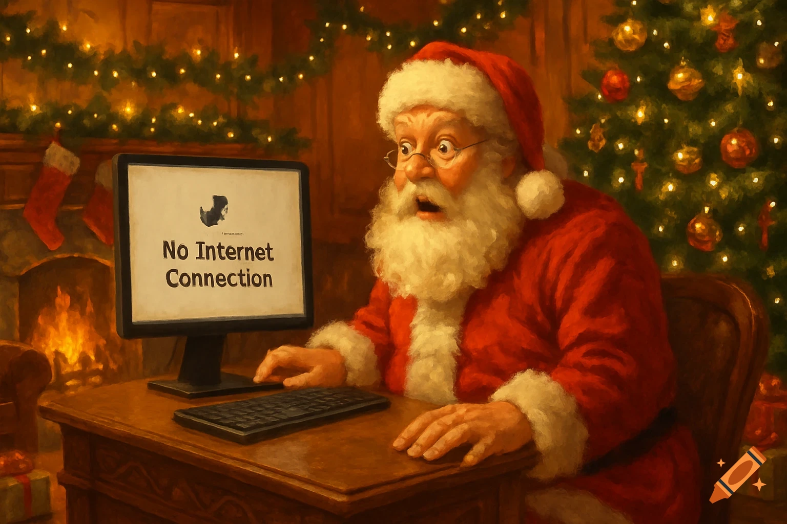 A shocked Santa Claus sits at a desk in a festive room, staring at a computer screen displaying 'No Internet Connection' in a painterly style.