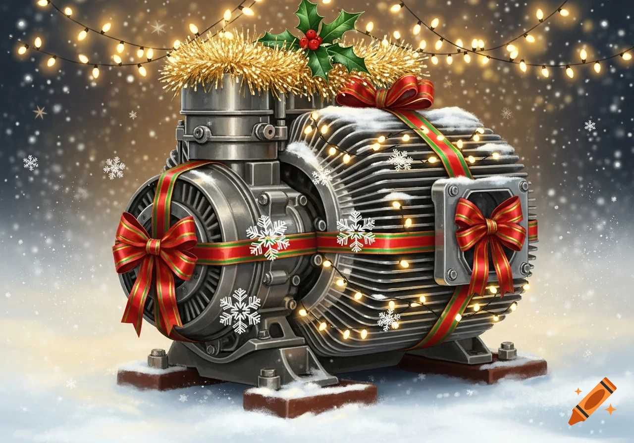 A festive engine block decorated with red ribbons, bows, holly, golden tinsel, and Christmas lights, sitting in snow with falling snowflakes.