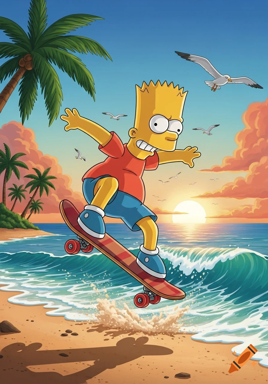 Cartoon Bart Simpson skateboarding over ocean waves on a sunny beach with palm trees and seagulls at sunset.