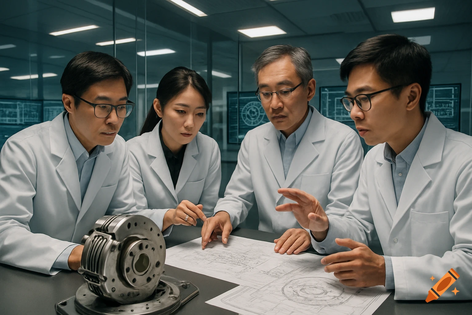 Four Asian engineers in lab coats discuss blueprints and a brake assembly on a table in a modern lab.