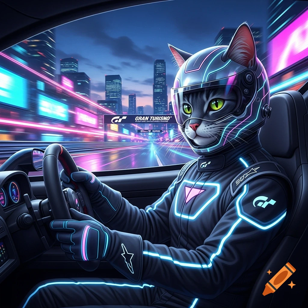 A grey cat in a racing helmet and neon-lit suit drives a car through a vibrant, futuristic city with "GRAN TURISMO" on a sign.