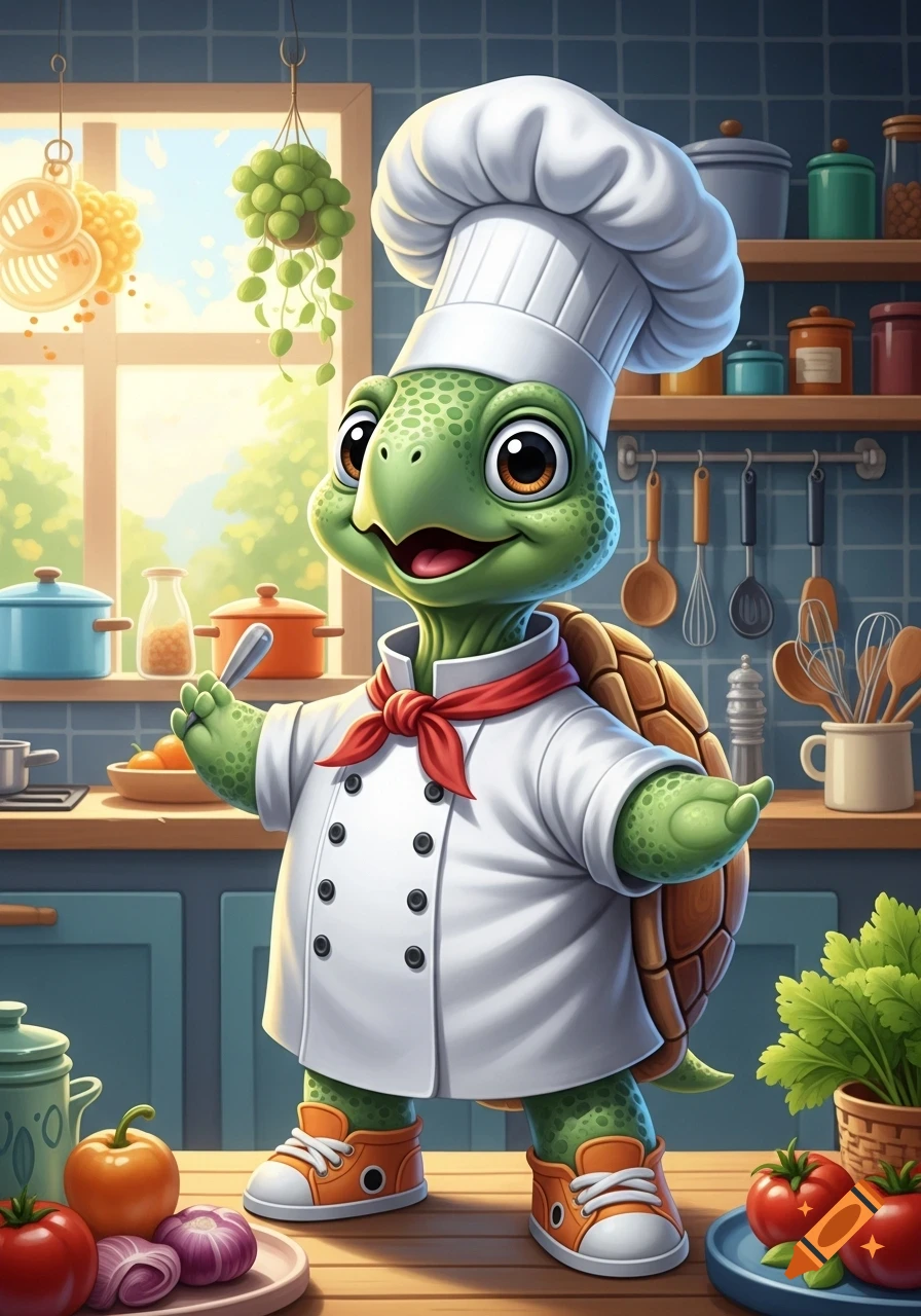 A cute cartoon turtle chef wearing a white toque and uniform stands in a brightly lit kitchen with fresh vegetables.