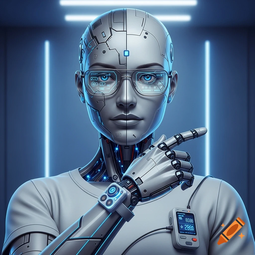 Close-up of a futuristic cyborg wearing glasses and a white t-shirt, with glowing blue tech details, pointing right.