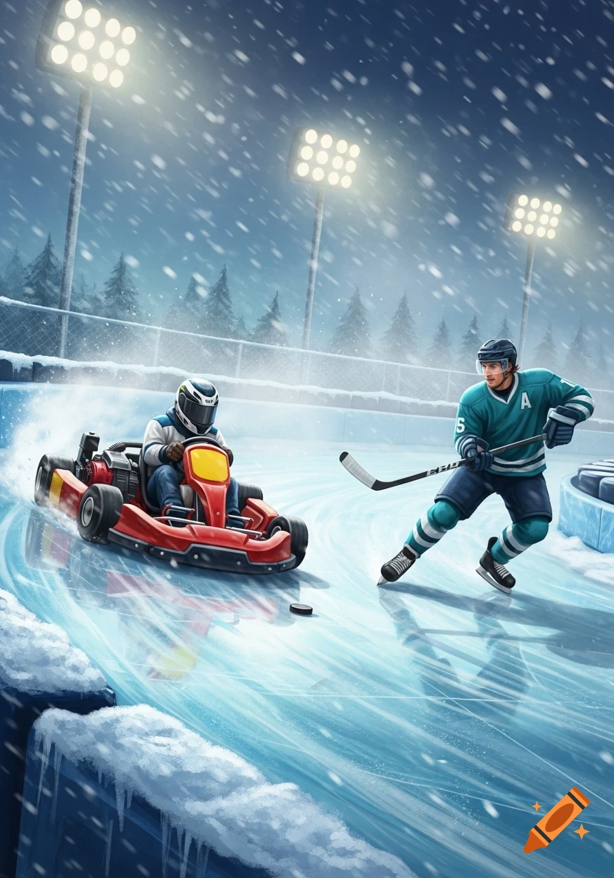 Digital illustration of a go-kart and an ice hockey player on a snowy outdoor ice rink under stadium lights.