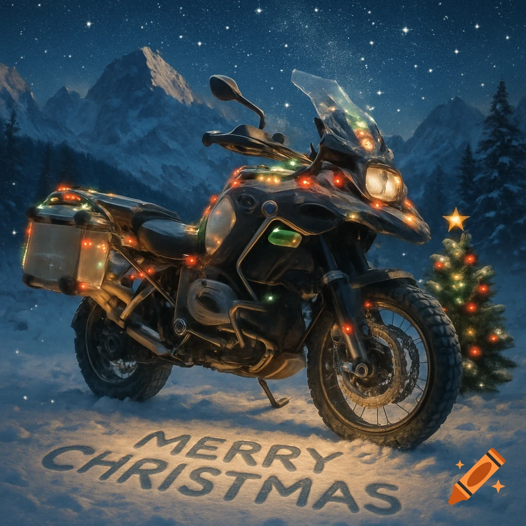 Photorealistic image of a motorcycle adorned with Christmas lights in a snowy mountain setting, with "Merry Christmas" written in the snow.