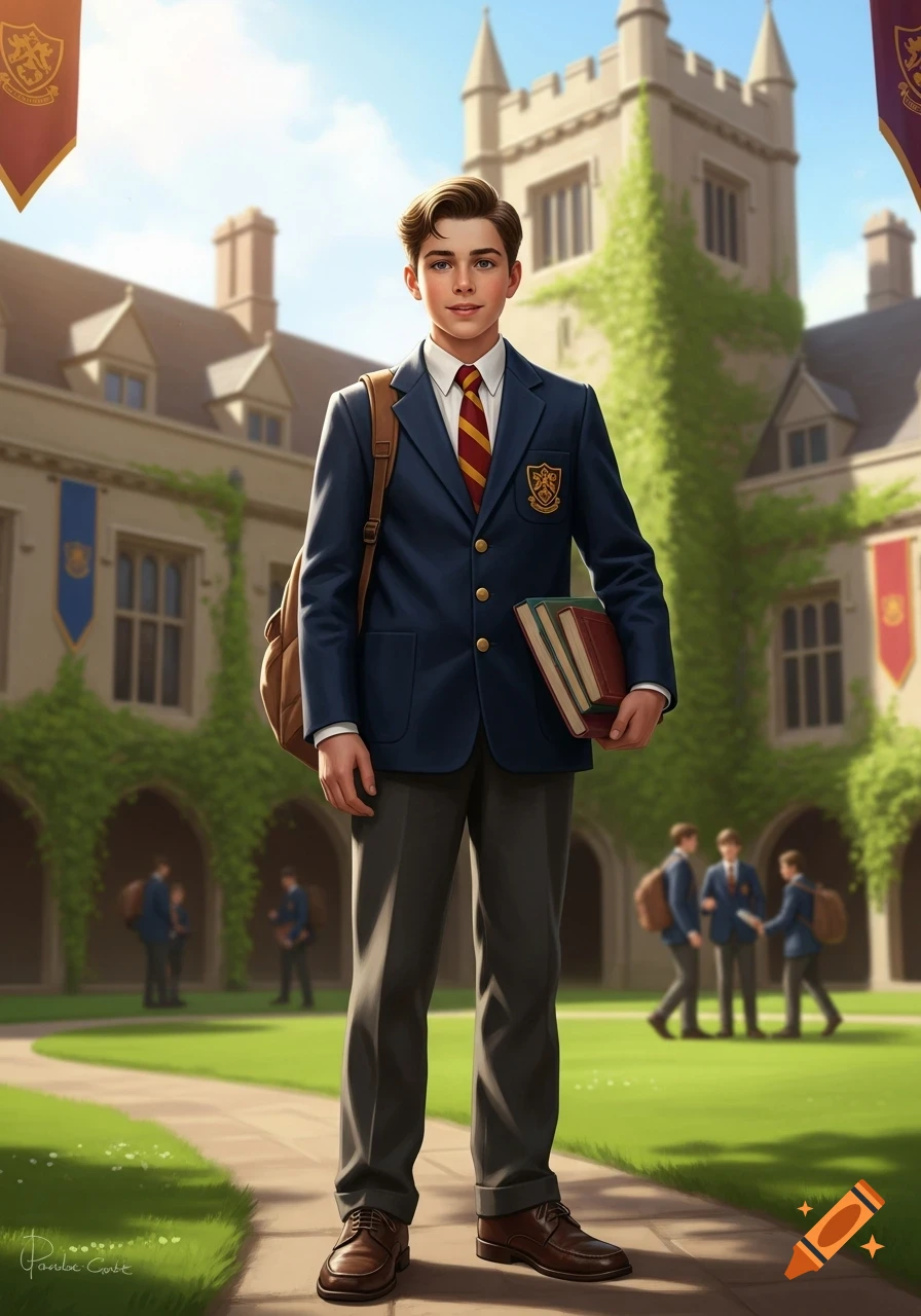 A young boy in a blue uniform and striped tie stands in a sunlit boarding school courtyard, holding books with a backpack over his shoulder.