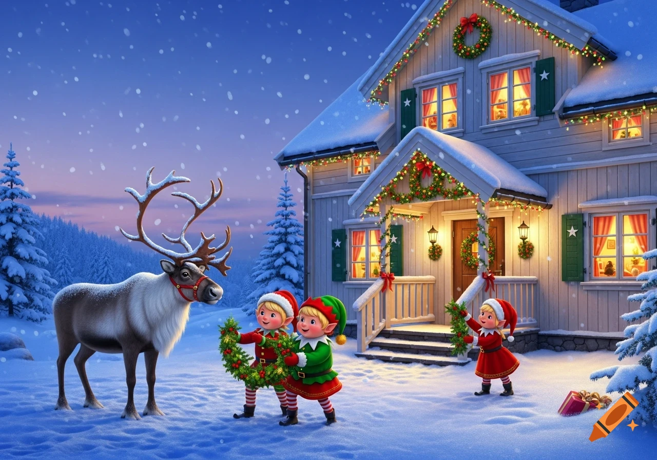 A festive illustration of two elves decorating a snow-covered Christmas house in a Norwegian winter landscape, with a reindeer nearby.