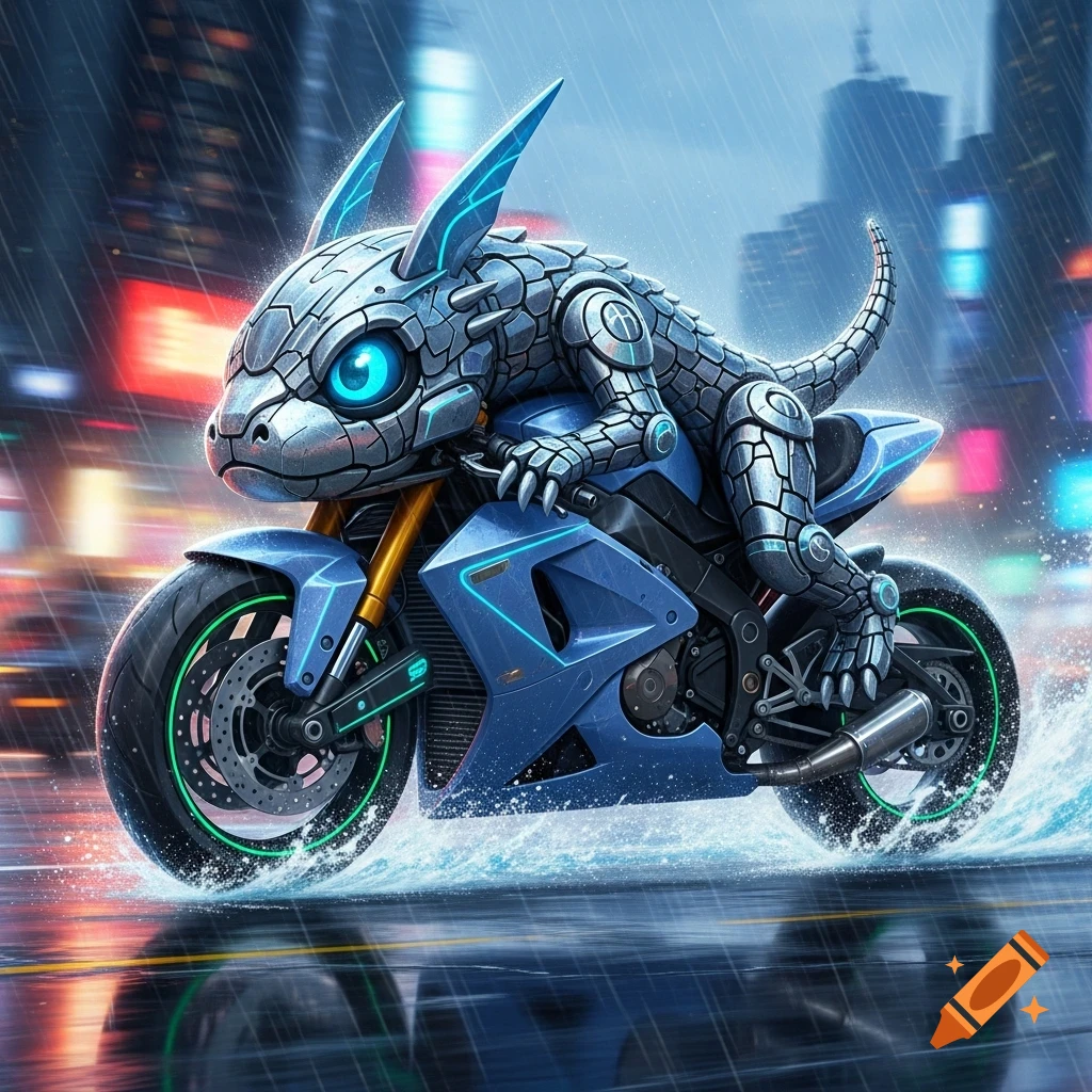 A metallic, lizard-like creature with glowing blue eyes rides a blue motorcycle through a rainy city street at night.