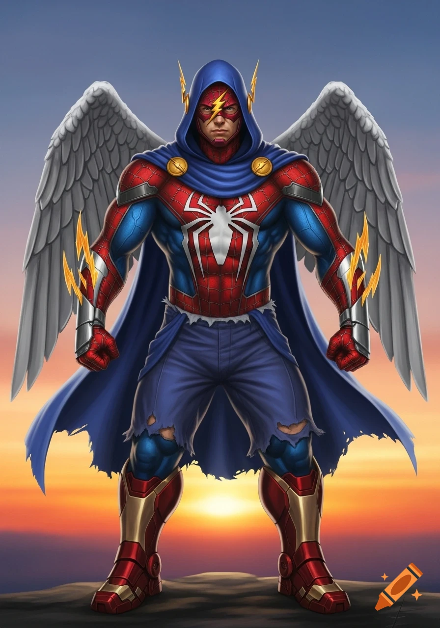 A muscular superhero wearing a blue hood, Flash mask, Spider-Man suit with a spider emblem, Falcon wings, red and blue pants, and Iron Man boots stands against a sunset.