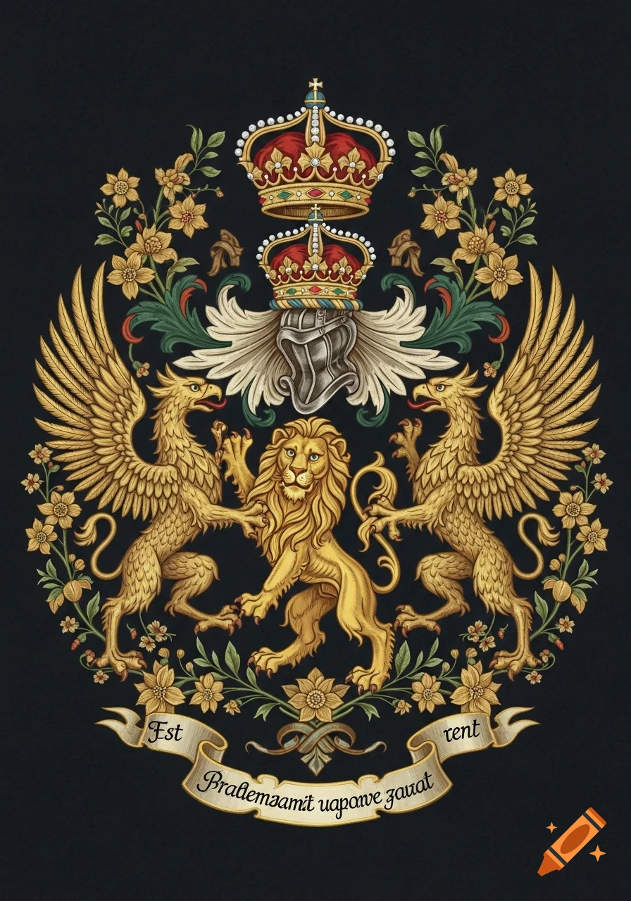 An ornate coat of arms featuring a golden lion, two griffins, two crowns, and floral wreaths on a dark background.