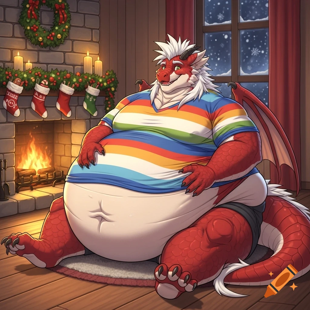 An obese red anthropomorphic dragon with a white mohawk sits in a striped t-shirt by a Christmas fireplace with a snowy window.
