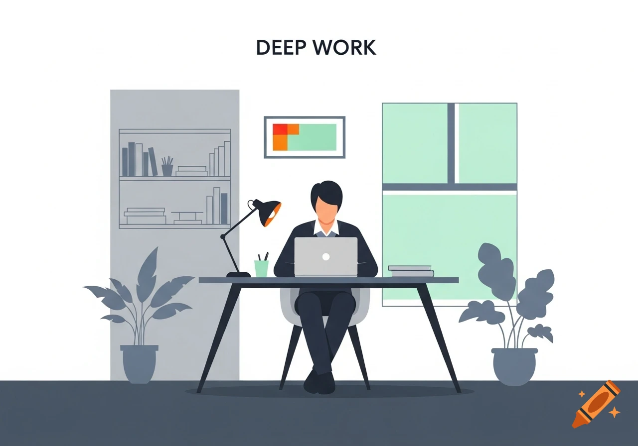 An illustration of a person sitting at a desk, working on a laptop, with text "DEEP WORK" above.