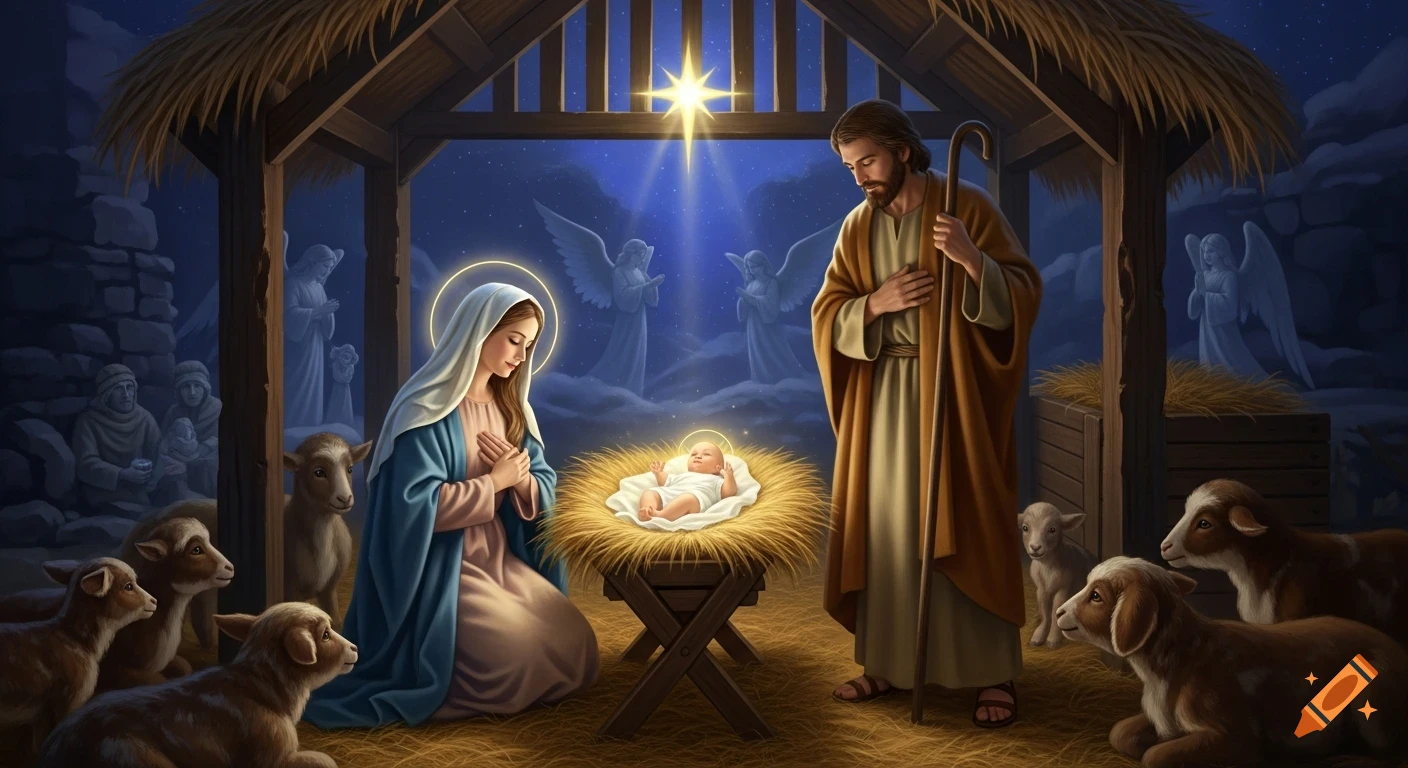 A beautiful digital painting of the Nativity scene with Mary, Joseph, and baby Jesus in a manger, surrounded by lambs and angels under a bright star.