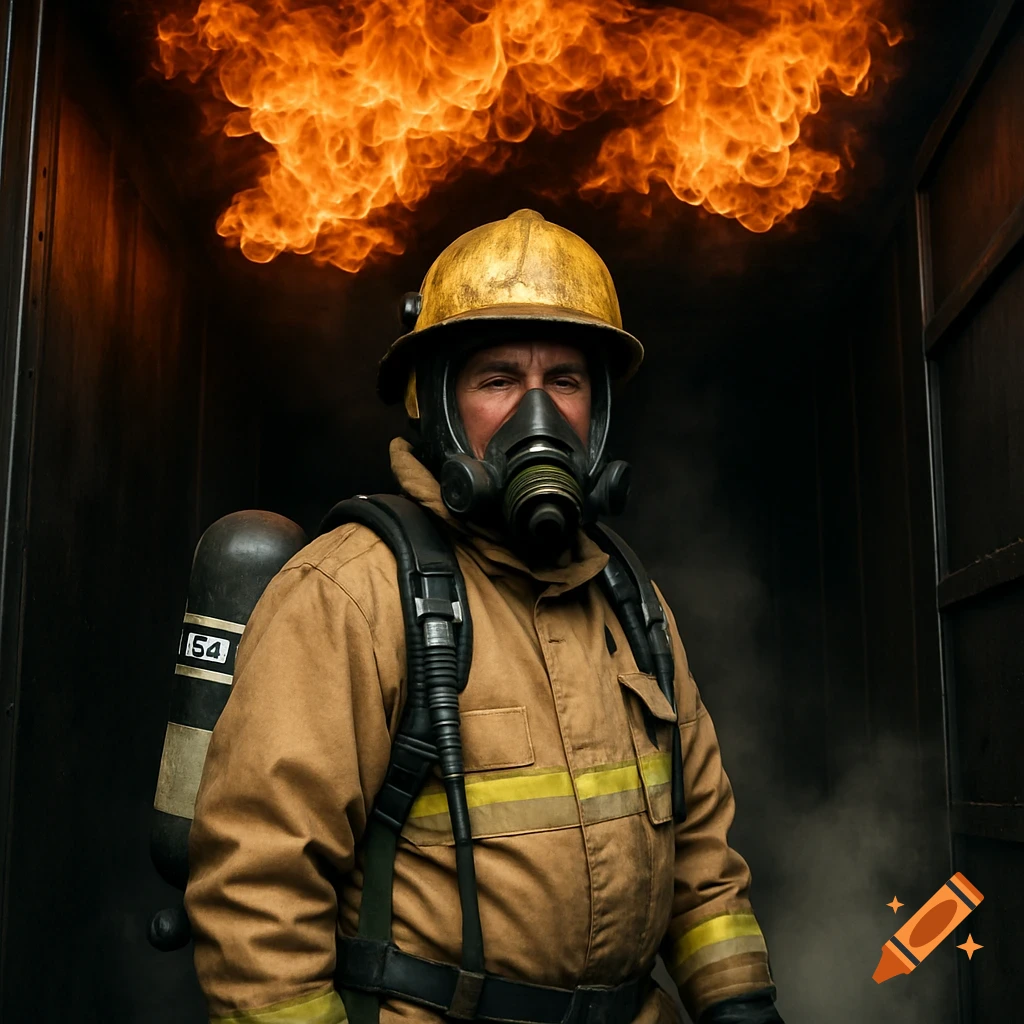 Photorealistic image of a firefighter in a helmet and breathing apparatus, standing calmly amidst intense flames and smoke during a fire training exercise. The gear is detailed and the scene is lit by warm, contrasting firelight.