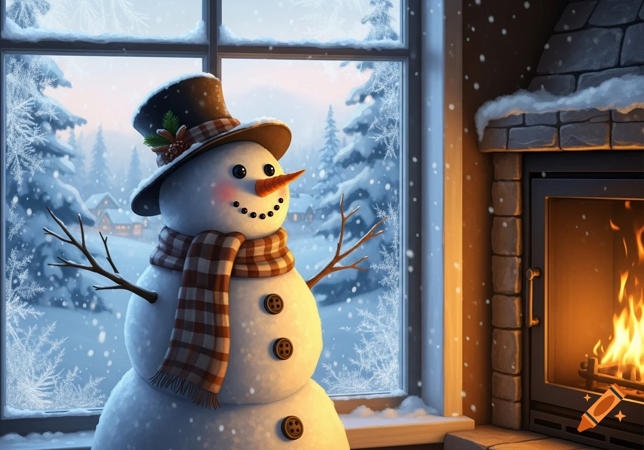 A cheerful snowman wearing a hat and scarf looks out a window at a snowy village with falling snow, next to a warm fireplace.