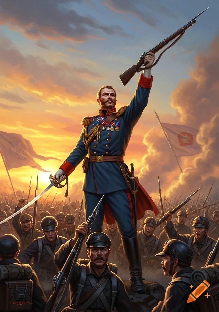 An epic painterly image of a military leader in uniform holding a sword and a rifle, raising it triumphantly above an army of soldiers at sunset.