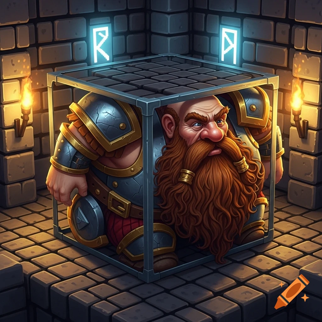 A stout dwarf in armor with a red beard is comically compressed into a metal cube in a stone dungeon, lit by torches and glowing runes.