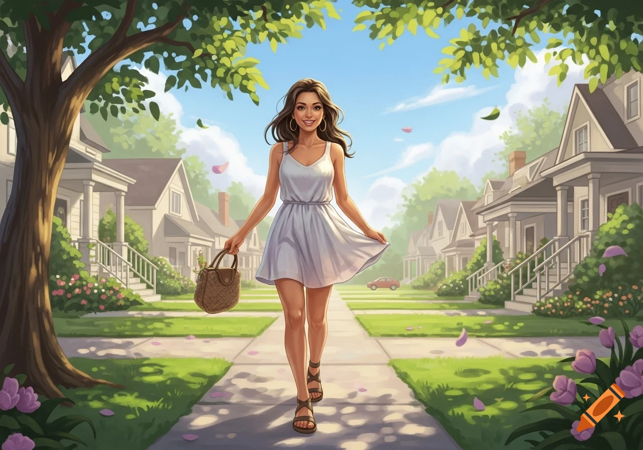 A stylized illustration of a young woman in a white dress walking down a tree-lined suburban sidewalk.