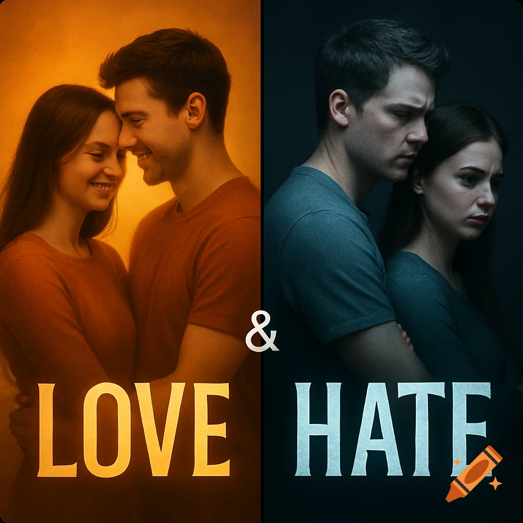 A split image: a couple embracing in warm light with 'LOVE' on the left, and the same couple alienated in cold light with 'HATE' on the right, connected by an ampersand.
