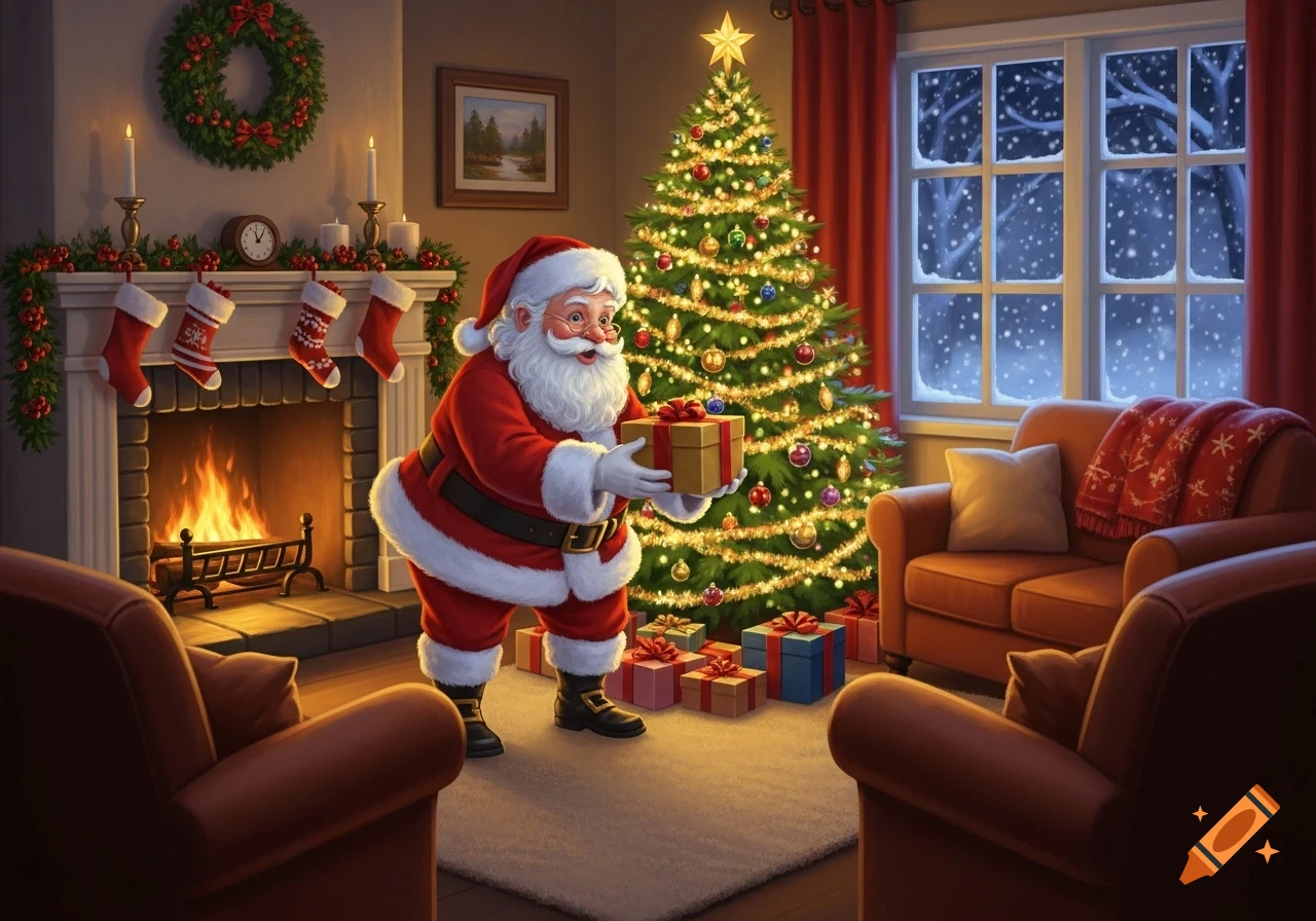 Santa Claus holding a gift in a cozy living room with a decorated Christmas tree, a fireplace, and a snowy window.