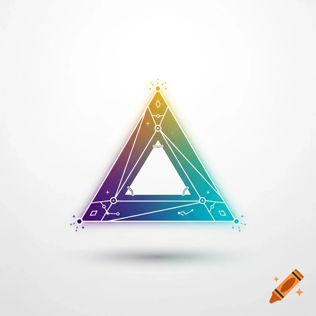 A stylized geometric triangle in a colorful gradient of yellow, purple, and blue with intricate line patterns and a white central triangle.