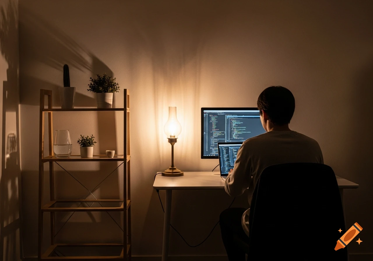 A person codes on a desktop and laptop in a dimly lit room, a wooden shelf with plants and a vintage lamp beside them.