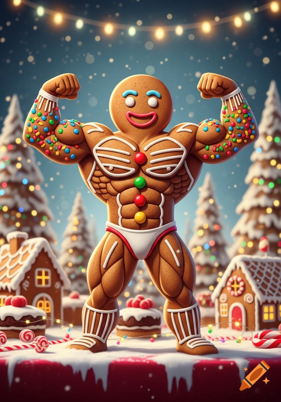 A muscular gingerbread man wearing white briefs flexes his biceps in a snowy Christmas scene with gingerbread houses and festive lights.