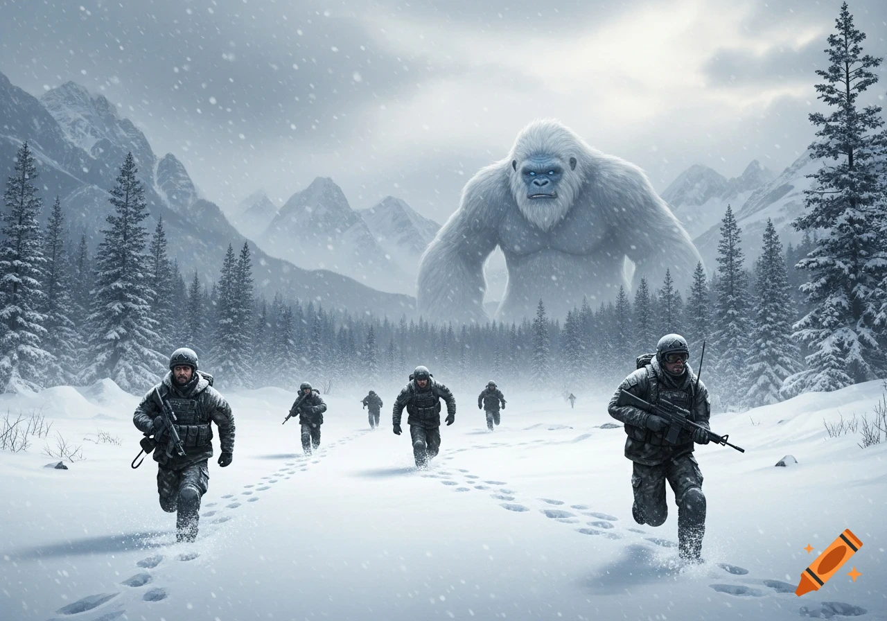 Soldiers run through a snowy mountain landscape, fleeing from a giant white yeti looming in the background.